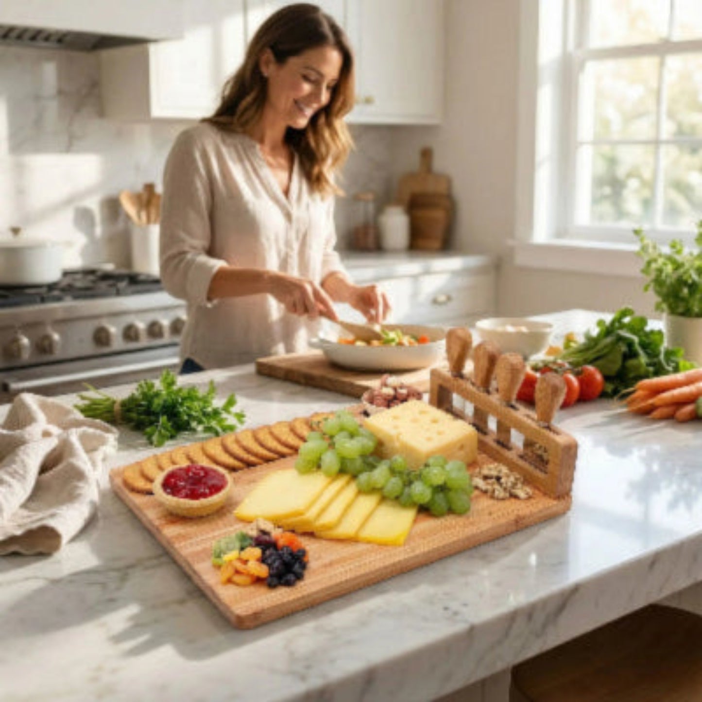 Planche à découper en bois de bambou naturel utilisée pour la préparation culinaire avec légumes frais