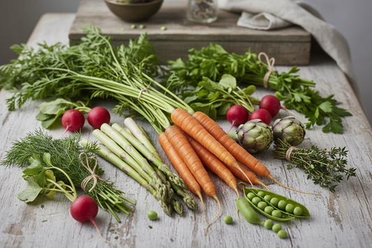 Ustensiles cuisine pour légumes de printemps - carottes, radis, asperges, couteau et économe"