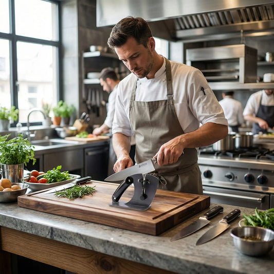 Chef professionnel utilisant l'affûteur de couteaux RestoreBlade pour aiguiser un couteau de cuisine