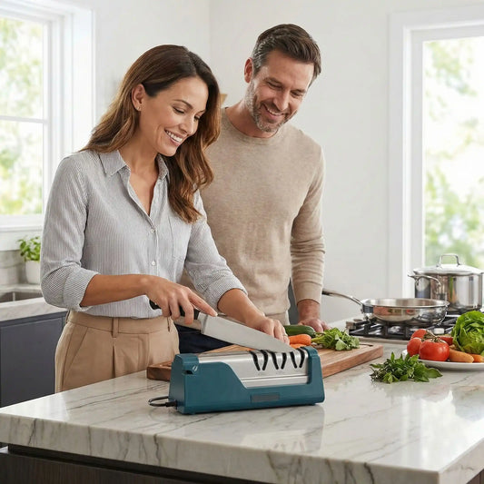 Affûteur de couteaux électrique Pro-précision utilisé en famille dans une cuisine moderne