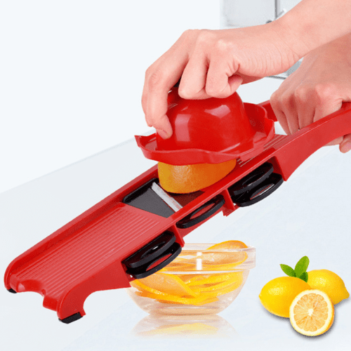 Mandoline cuisine rouge avec lames inox et design élégant
