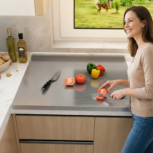 Femme coupant des tomates sur une planche à découper robuste en acier inoxydable