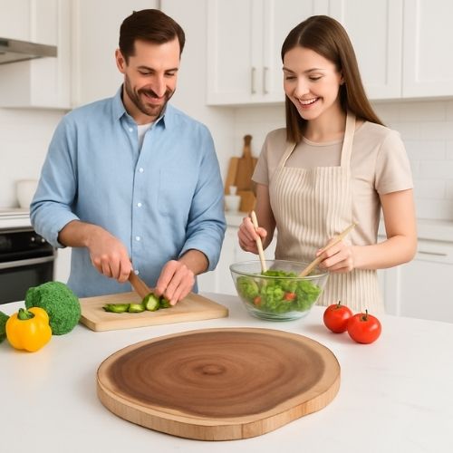 Planche à découper bois ronde naturelle - plateaux multiples présentation
