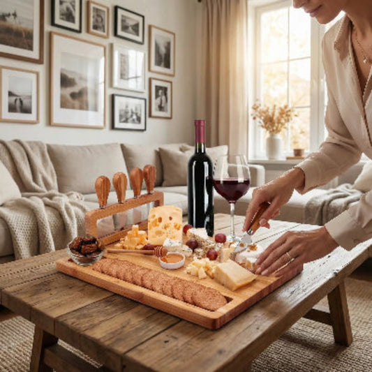 Planche à découper en bambou présentant une belle charcuterie artisanale et fromages