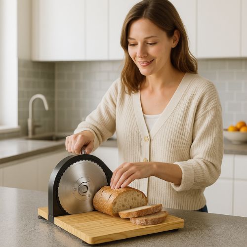 Trancheuse à pain en bois de teck avec lame inox et manivelle ergonomique