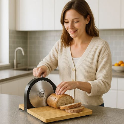 Trancheuse à pain en bois de teck avec lame inox et manivelle ergonomique
